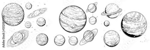Various planets illustrated in detailed line art showcasing different sizes and features in a cosmic setting