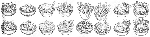Different styles of fries and toppings served in bowls and containers popular in casual dining restaurants