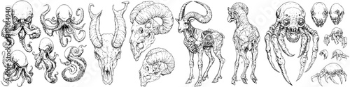 Unique black and white illustrations of sea creatures and mythical animals with intricate details in various poses