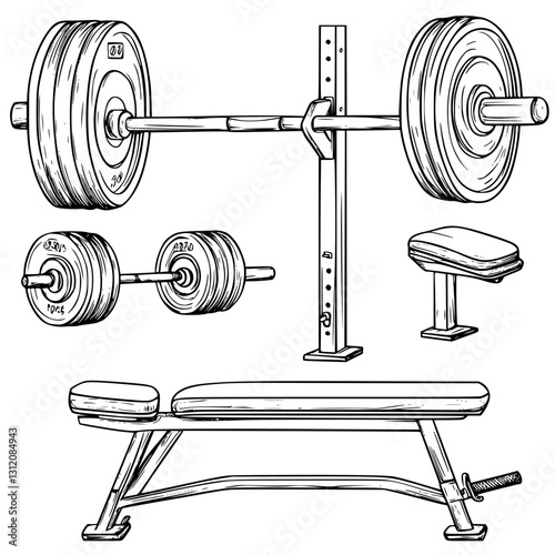 Weightlifting equipment including a barbell, weights, and bench in a gym setting designed for strength training enthusiasts