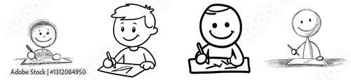 Conceptual illustration of a man sitting at an office desk, attempting to write and deep in thought with a pencil in his mouth, depicted as a cartoon stick figure drawing