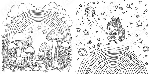 Colorful fantasy landscape featuring mushrooms and a girl holding a balloon among planets and stars, stimulating imagination and creativity