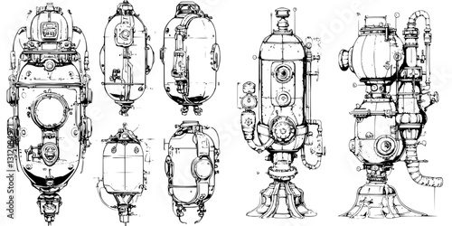 Detailed technical drawings of vintage-style diving equipment showcasing intricate designs and mechanical structures