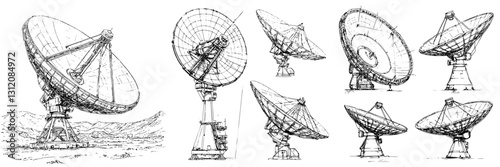 Various satellite dishes for communication in a mountainous region during daylight