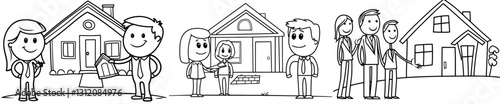 The illustration depicts a modern stick figure drawing of a real estate agent or realtor presenting a fraudulent family house to a young couple, symbolizing housing fraud