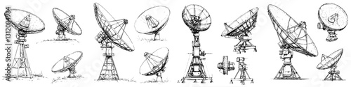 Multiple satellite dishes of various designs positioned outdoors showcasing advanced communication technology