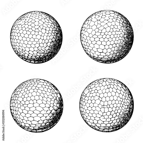 Detailed illustrations of golf balls showing dimples with hexagonal patterns and surface textures in a grid layout