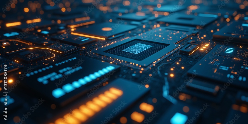 Intricate Circuitry A mesmerizing view of glowing microchips and their complex pathways, illuminated in vibrant orange and blue hues, showcasing technological marvel. Intricate Circuitry A mesmerizing view of glowing microchips and their complex pathways, illuminated in vibrant orange and blue hues, showcasing technological marvel.