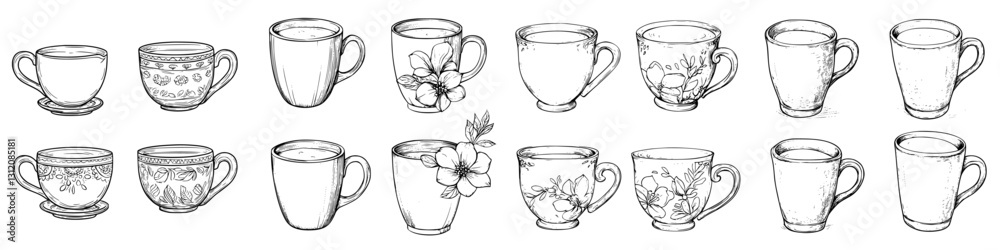 Various designs of elegant ceramic cups displayed in a row showcasing their unique patterns and shapes Various designs of elegant ceramic cups displayed in a row showcasing their unique patterns and shapes