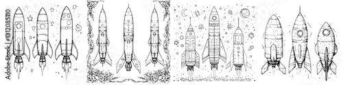 Colorful rockets take flight against a backdrop of stars and planets in a whimsical cosmic adventure