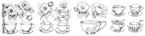 Floral and teacup illustrations arranged in a creative pattern showcasing elegant designs and artistic elements