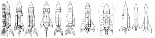 Collection of various rocket designs showcased in a detailed illustration style