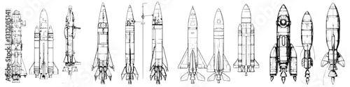 Various rocket designs displayed in a chronological layout showcasing evolution in rocket technology
