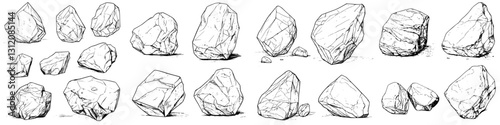 Various rock shapes and sizes displayed on a plain surface for illustration and study purposes