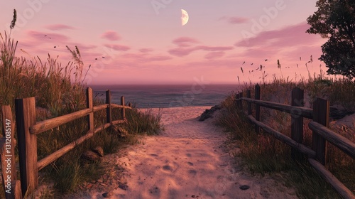 The path leads through the sand to the beach. The weathered traces on the woo...