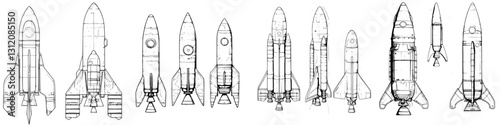 Exploration of various rocket designs from different eras capturing space travel advancements and innovation