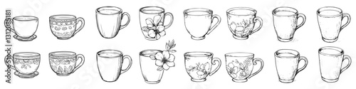 Various designs of elegant ceramic cups displayed in a row showcasing their unique patterns and shapes