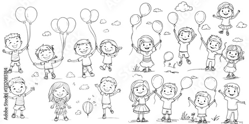Hand-drawn cartoon depiction of happy children engaging in playful activities, presented in a modern illustration