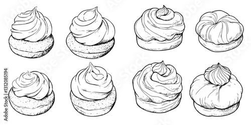 Delicious assortment of baked goods with frosting displayed on a clean surface, showcasing different shapes and textures