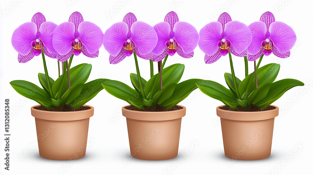 A stunning display of three lush purple orchid plants in terracotta pots set against a clean white background, portraying elegance and beauty. A stunning display of three lush purple orchid plants in terracotta pots set against a clean white background, portraying elegance and beauty.