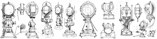 Collection of historical marine signal lights and lanterns displayed in a structured arrangement