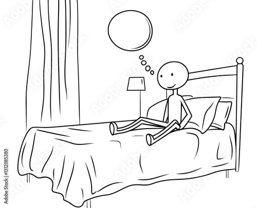 A tired, frustrated, sad, or depressed man is conceptually illustrated in a modern cartoon stick figure drawing, sitting on his bed and speaking, with an empty text balloon or bubble above