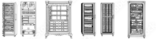 Vintage audio equipment racks showcased in a museum-like setting illustrating technology evolution