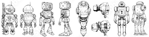 Collection of diverse robot designs showcasing various shapes and functionalities with intricate details and mechanical features