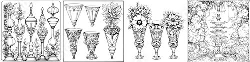 Elegant collection of decorative vases and floral arrangements showcased in a detailed artistic design