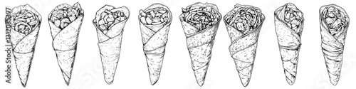 Detailed illustrations of various ice cream cone designs displayed in a row