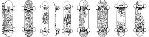 Artistic skateboard designs showcasing different styles of graphics and patterns in a creative arrangement