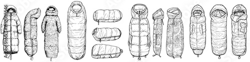 Variety of sleeping bags and jackets displayed in a neat arrangement for outdoor enthusiasts seeking comfort and warmth