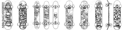 Collection of intricate skateboard deck designs showcasing street art style and vibrant visual themes, reflecting creativity and individuality