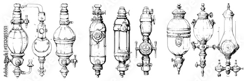 Detailed sketches of vintage pressure gauges and steam apparatus from the 19th century, showcasing intricate designs and engineering