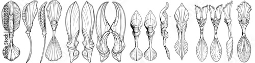 Intricate line drawings of various shell and sea creature designs displayed horizontally