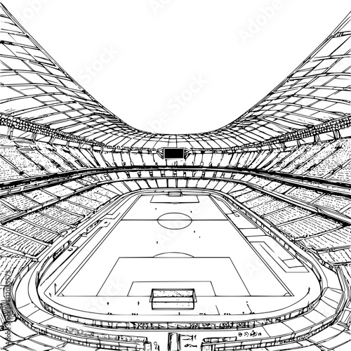 Detailed illustration of a large stadium with an expansive seating area and a soccer field during a match