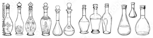Various vintage glass bottles lined up showcasing intricate designs and shapes suitable for decorative purposes