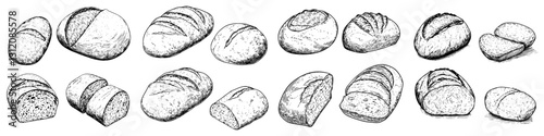 Various types of bread displayed in a detailed sketch showing different shapes and textures at a local bakery