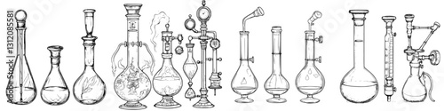 Various laboratory glassware arranged in a line showcasing different shapes and functions used in scientific experiments