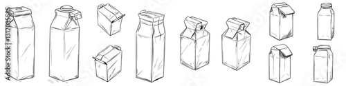 Sketches of various milk carton designs showcasing unique shapes and sizes in an artistic style