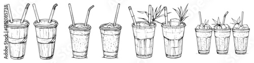 Detailed illustrations of various refreshing beverages in disposable cups with straws and garnishes on a white background
