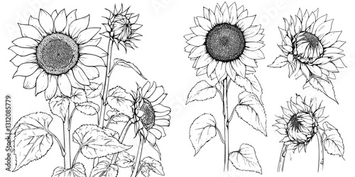 Sunflowers in various stages of bloom captured in detailed black and white illustration showcasing botanical beauty