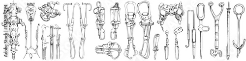 Diverse collection of dental and medical instruments displayed in an organized manner on a flat surface