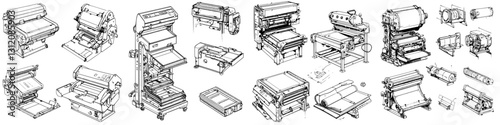 Collection of detailed sketches showcasing various printing machine designs from different angles and perspectives