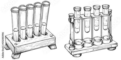 Various laboratory test tubes in wooden and metal holders on a clean workbench during a scientific experiment