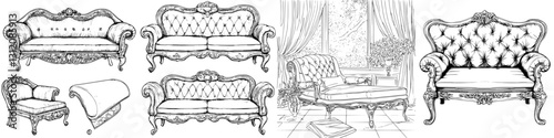 Elegant vintage furniture designs with ornate detailing in a luxurious interior setting