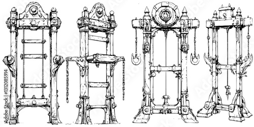 Detailed sketches of medieval torture devices showcasing intricate designs and mechanisms for historical reference and study