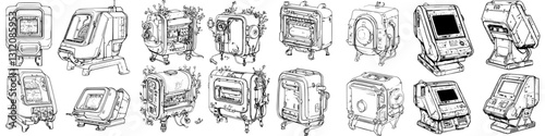 Collection of vintage medical equipment designed for diverse healthcare applications showcasing intricate details in a technical layout
