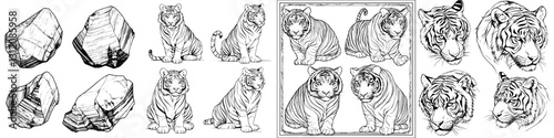 Artistic depiction of tigers and gemstones in detailed line drawing style showcasing their intricate forms and textures