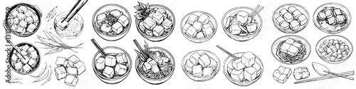 Various bowls of tofu in different preparations displayed on a wooden surface during a culinary event